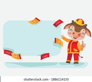 Chinese gift voucher concept. Cartoon character cow for the year of the ox. Standing and smiling. Excellent hand made. Like and thumbs up. Discount vouchers scatter around.