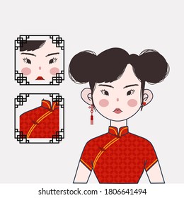 Chinesisches Mädchen in Cheongsam Kleid. Cute Girl in Red Dress Illustration