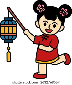 Uma menina chinesa em um cheongsam segurando uma lanterna