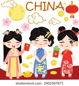 Chinese girl China children traditional costume vector cartoon celebrate Luna New year 