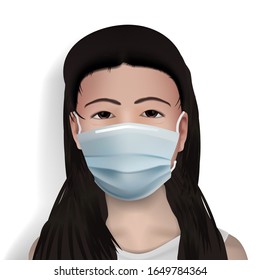 Chinese Girl In Corona Virus White Medical Face Mask Quarantine. EPS10 Vector