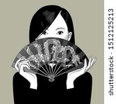 Chinese girl girl covers her face with a fan with a dragon. Vintage engraving stylized drawing. Vector illustration
