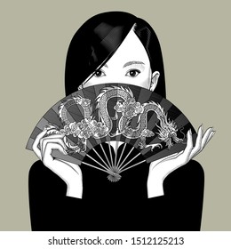 Chinese girl girl covers her face with a fan with a dragon. Vintage engraving stylized drawing. Vector illustration