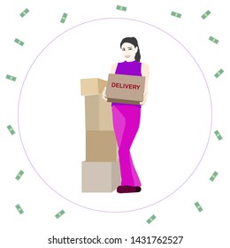 Chinese girl delivers goods. Chinese girl stands with boxes in her hand in circle and banknotes around. vector illustration. concept of delivery girl