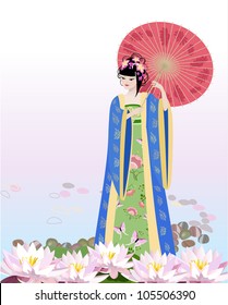 Chinese girl dressed at the lake