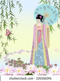 Chinese girl dressed at the lake