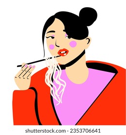 Chinesisches Mädchen frisst Nudeln, Vektorgrafik 