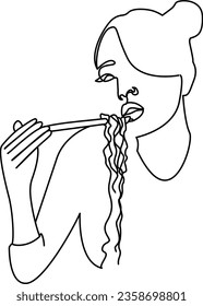 Chinese girl eats noodles vector illustration 