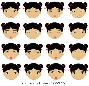 Chinese girl emotions: joy, surprise, fear, sadness, sorrow, crying, laughing, cunning wink. Vector cartoon illustration