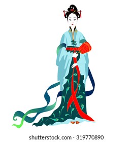 Chinese girl in green dress with a ornament in form of peacock feathers. She is holding a red fan. On her head the traditional hairstyle.