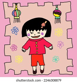 Chinese girl hand drawn in cartoon character with happy face,colorful background and lantern