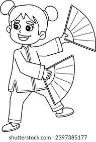 Chinese Girl with a Hand Fan Isolated Coloring 