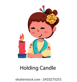 A chinese girl holding candle, flat icon  