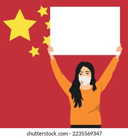 Chinese girl holding empty banner. China protests vector illustration
