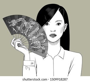 Chinese girl holding a fan with a dragon in her hand. Vintage engraving stylized drawing. Vector illustration
