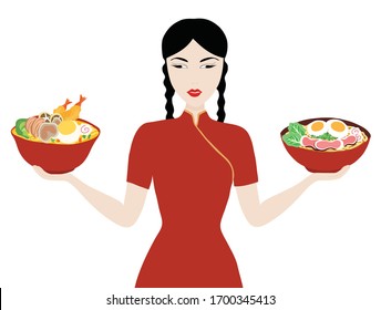 Chinese girl holding Japanese ramen noodle bowls isolated vector illustration