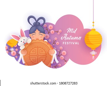 Chinese Girl Holding a Moon Cake with Cartoon Bunny, Sakura Flower Branch and Hanging Lanterns on Paper Cut Gradient Background for Mid Autumn Festival.