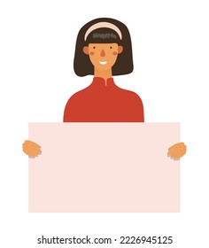 Chinese girl holding poster, concept of sisterhood and feminism, back to school billboard with copy space. Flat vector cartoon character.