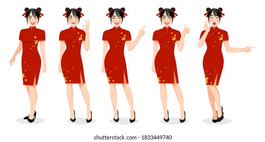 Chinese girl in mandarin gown with Chinese new year festival cartoon character on the white background vector illustration 