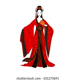 Chinese girl in national red dress with a ornament. She is holding a fan. On her head is the traditional hairstyle and hairpin.