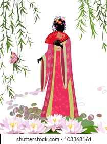 Chinese girl in the pond with a Fan