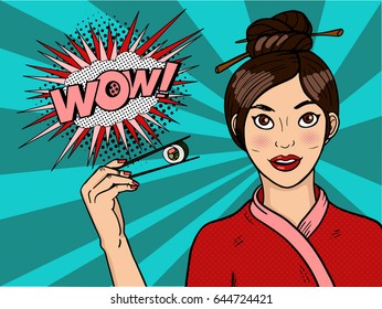 Chinese girl in pop art. A young woman is holding sushi with chopsticks.Vector illustration in retro comic style.