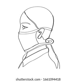 Chinese girl in a protective mask, profile portrait drawn in one line. Isolated stock vector illustration.