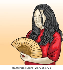 Chinese girl in a red t-shirt is holding a Chinese New Year fan
