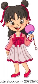 Chinese girl in traditional clothing holding fan