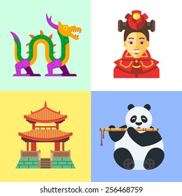 Chinese girl in traditional dress, dragon, temple, panda. Flat vector illustration.