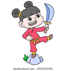 Chinese girls are in action carrying a sword to learn martial arts, vector illustration art. doodle icon image kawaii.