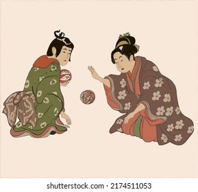Chinese girls wearing asian traditonal costume cheongsam with ball vector illustration. Female in China beautiful fashion and oriental culture. Ancient japanese drawing.