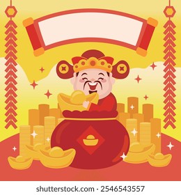 Chinese God of Wealth celebrates Chinese New Year holding gold ingot in gold coins and lucky bag, New Year template