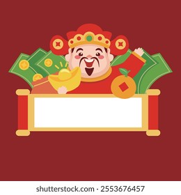 Chinese God of Wealth celebrates New Year Spring Festival with banknotes, lucky bag and oranges in background