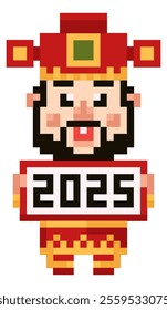 Chinese god of wealth holding 2025 welcoming sign as celebrating new year and Chines new year with red hat and golden accessories vector pixel art for element, sign and icon