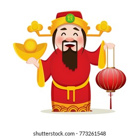 Chinese God of Wealth holding traditional lantern. Chinese New Year 2018 greeting card. Vector illustration on white background. Hieroglyph on hat means prosperity.