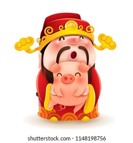 Chinese God of Wealth and Little Pig. Chinese New Year. The year of the pig.