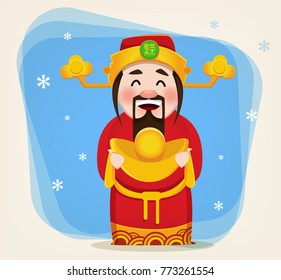 Chinese God of Wealth. Chinese New Year 2018 greeting card. Vector illustration. Hieroglyph on hat means prosperity.