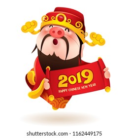 Chinese God of Wealth with a pig nose holds 2019 sign. Chinese New Year. The year of the pig.