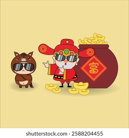 Chinese God of Wealth or 财神爷 (pronounced Cái Shén Yé) with cute horse. Chinese new year. Year of the horse. Character for 富 (pronounced "fù") is "rich". Vector illustration design. EPS 10. 
