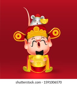 Chinese god of wealth year of the rat with lovely little rat,Elements for 
 chinese new year 2020 isolated vector elements for artwork wealthy,zodiac,Chinese Translation "happy new year" and "rich"