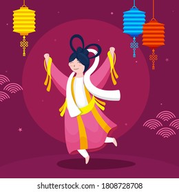 Chinese Goddess (Chang'e) Character in Dancing or Jumping Pose with Hanging Colorful Lanterns on Dark Pink Background.