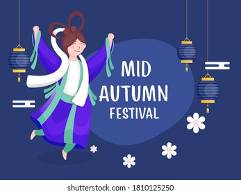 Chinese Goddess Character in Jumping Pose with Flowers and Hanging Lanterns Decorated on Blue Background for Mid Autumn Festival.