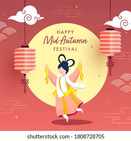 Chinese Goddess of Moon (Chang'e) in Dancing Pose with Hanging Lanterns on Pastel Red and Yellow Background for Mid Autumn Festival Celebration.