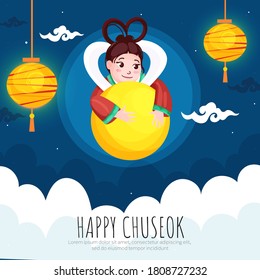 Chinese Goddess of Moon (Chang'e) with Hanging Lanterns and Clouds on Blue Background for Happy Chuseok Celebration.