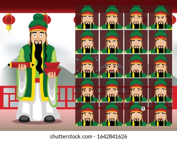 Chinese Gods Sanxing Fu Cartoon Emotion faces Vector Illustration-01