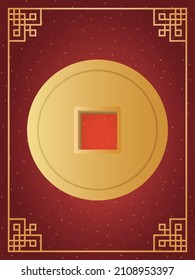 Chinese gold coin isolated on red background with chinese traditional golden frame. Vector illustration of spring festival decoration elements symolizing good fortune. Chinese new year card.