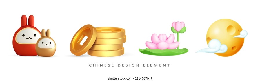 Moneda china de oro, conejo lunar, luna llena y nubes, icono de flor de loto. 3d elemento de diseño asiático de imagen.Ilustración de dibujos animados vectoriales