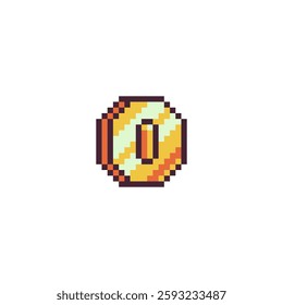 Chinese gold coin pixel art icon. Feng shui element. China money. Sticker design. 8-bit sprite. Isolated vector illustration.