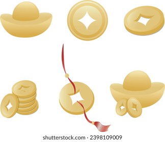 Chinese gold copper coins and ingots vector illustration elements